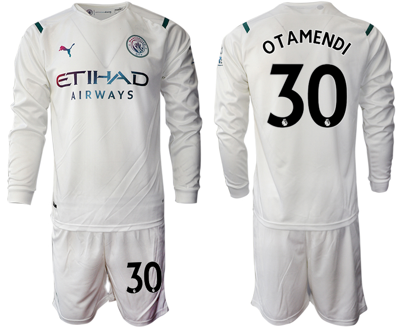 Men 2021-2022 Club Manchester city away white Long Sleeve #30 Soccer Jersey